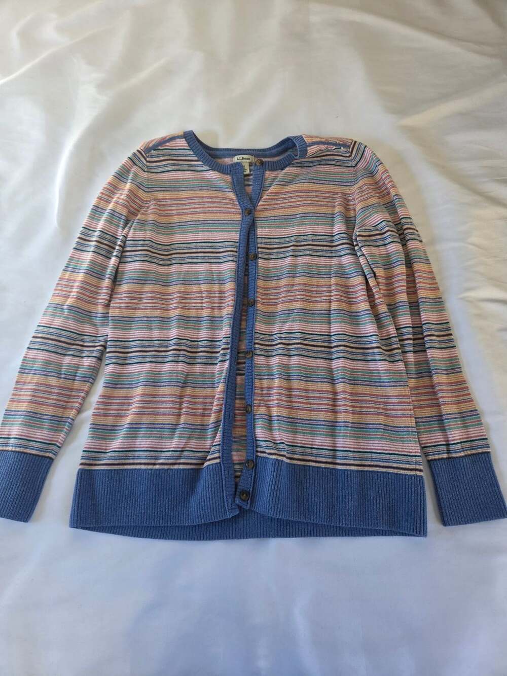 LL Bean Cardigan Sweater Size M Multi Color Striped